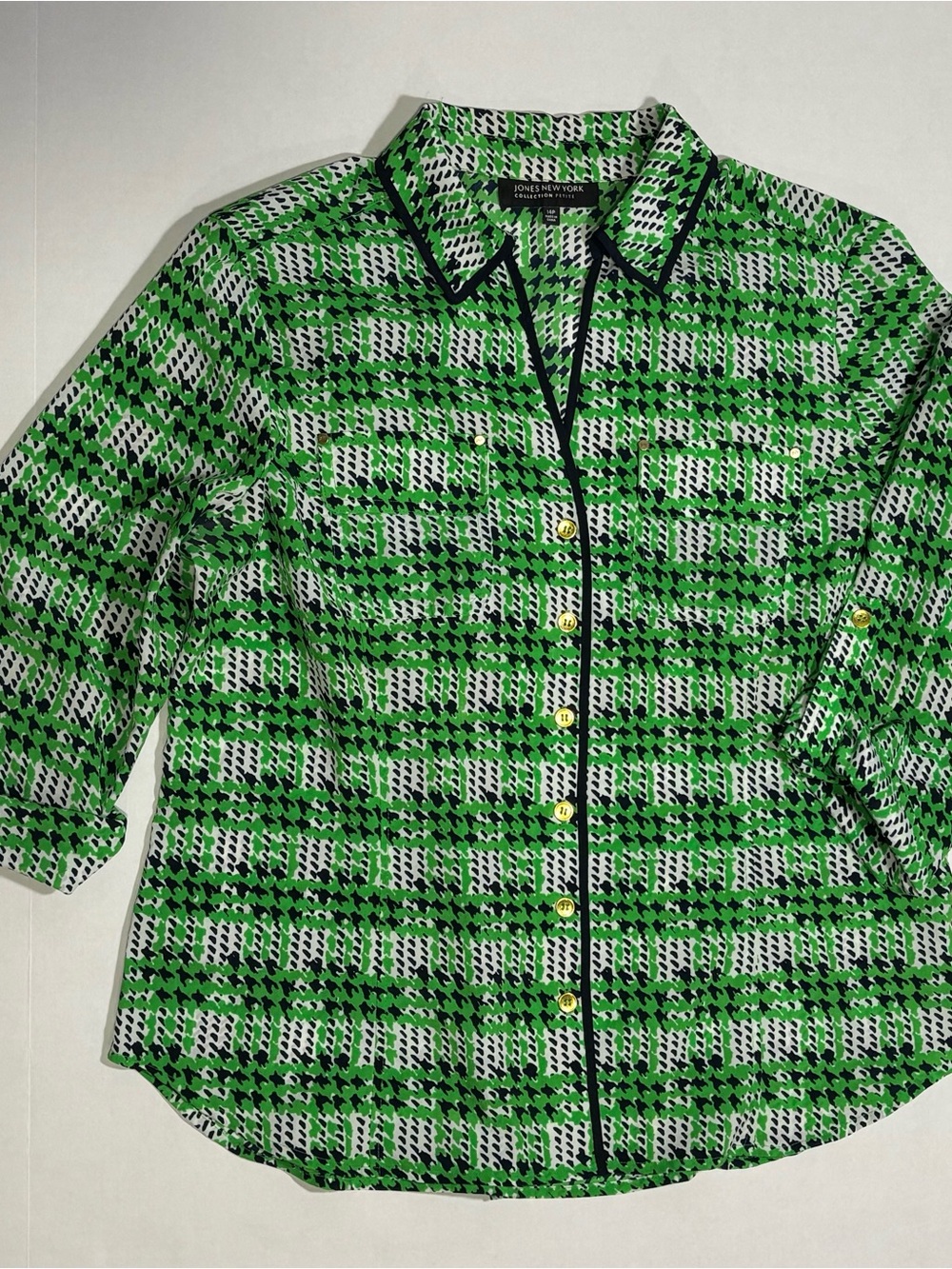 Jones New York 14P Petite Woven Shirt 3/4 Sleeve Houndstooth Green Black White